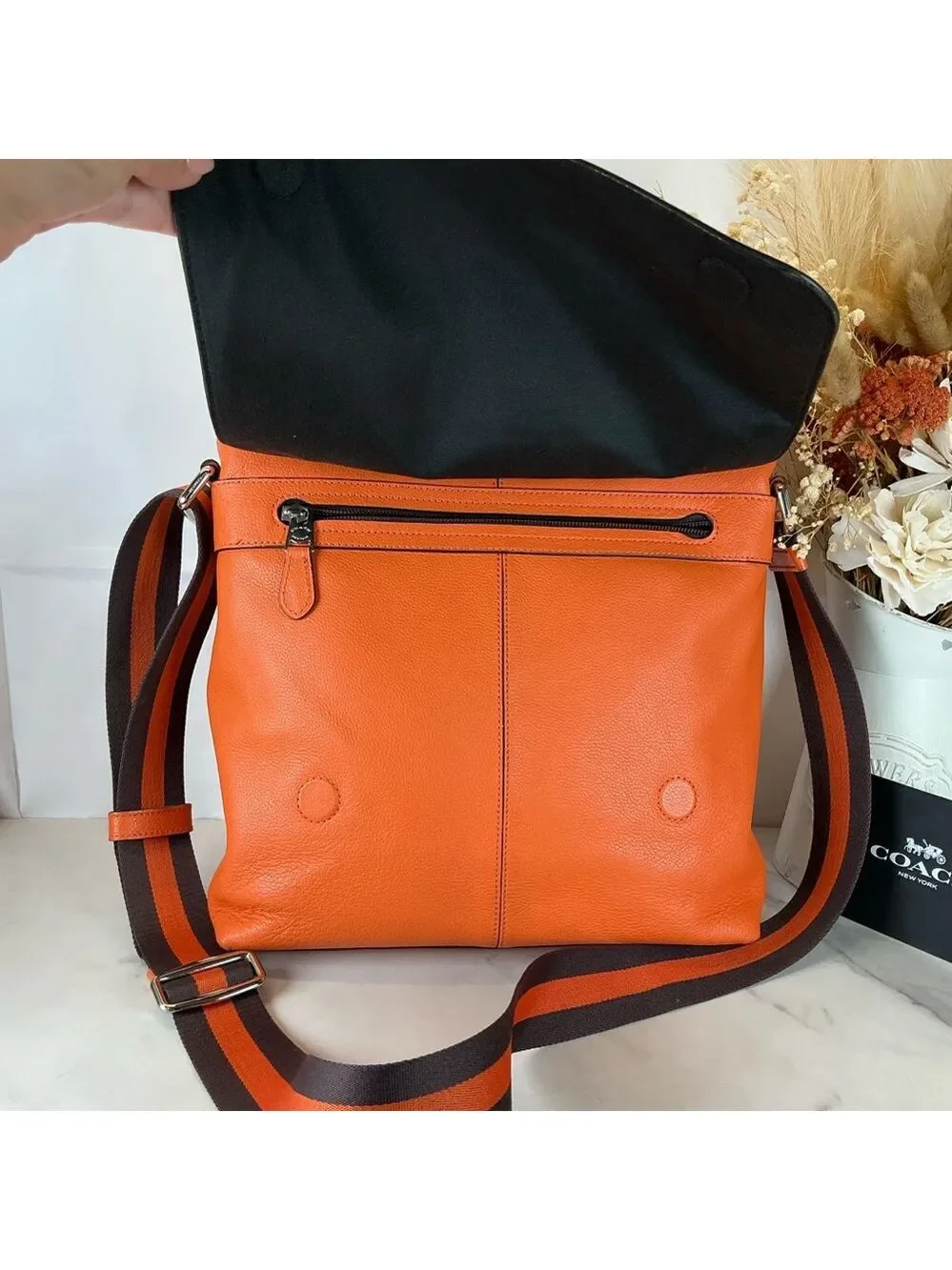 Coach Unisex Charles Messenger‎ Vibrant Orange Brown Leather Crossbody Bag